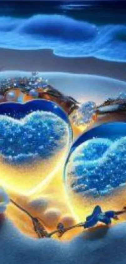 Glowing hearts in sand with ocean view background.