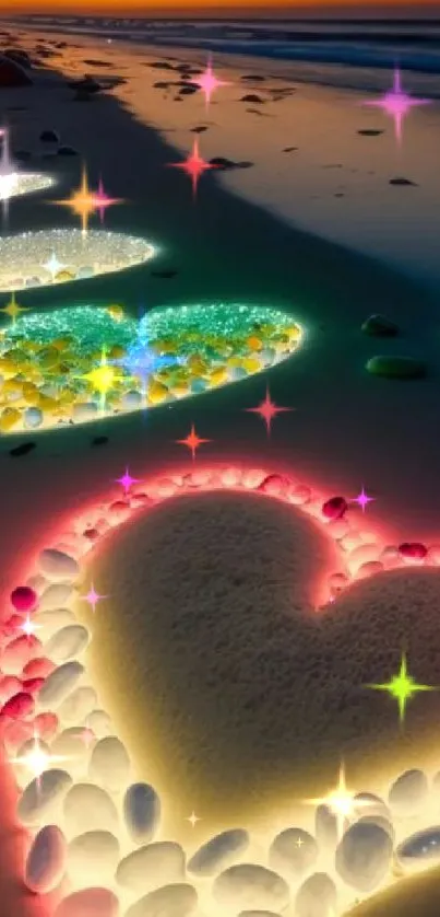 Neon-lit hearts glow on a serene beach at sunset.