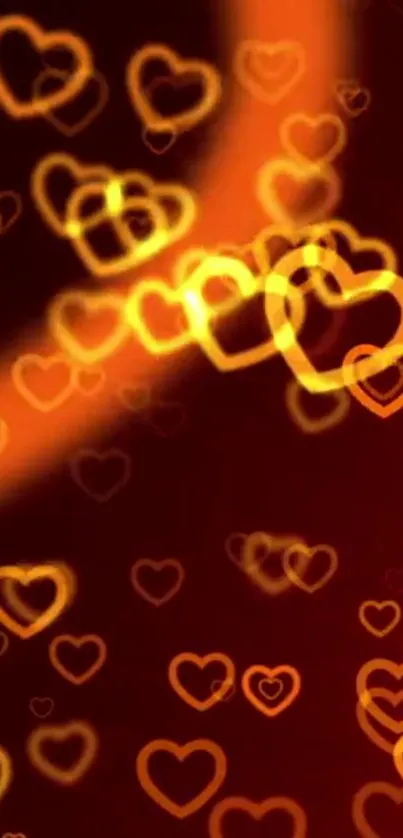 Vibrant orange heart bokeh wallpaper with romantic glow.