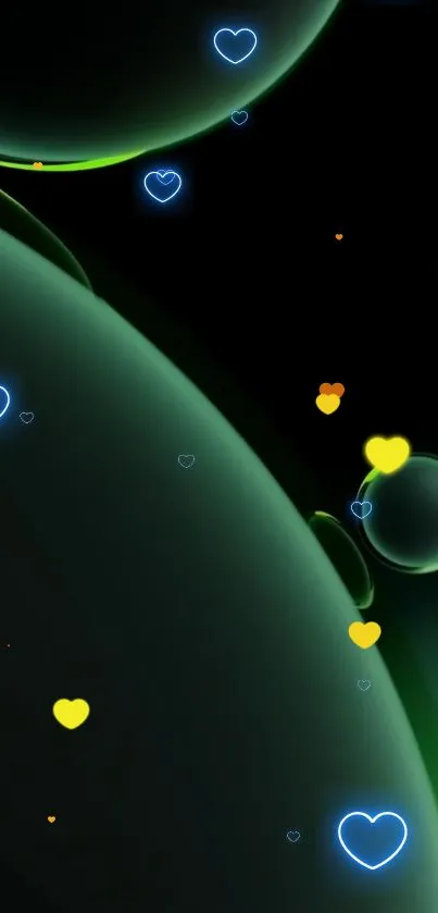 Neon heart bubbles with dark green background.