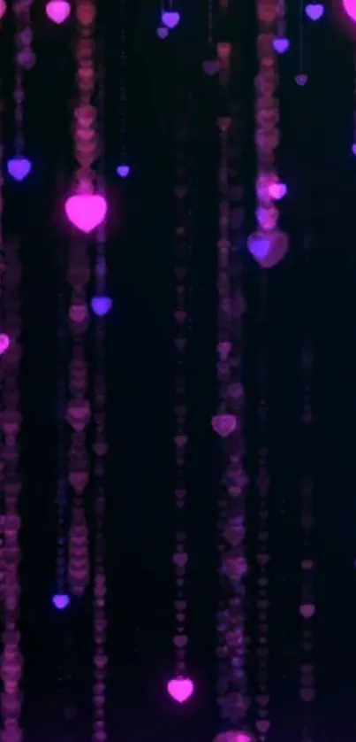 Glowing pink and purple heart chains on a dark phone wallpaper.