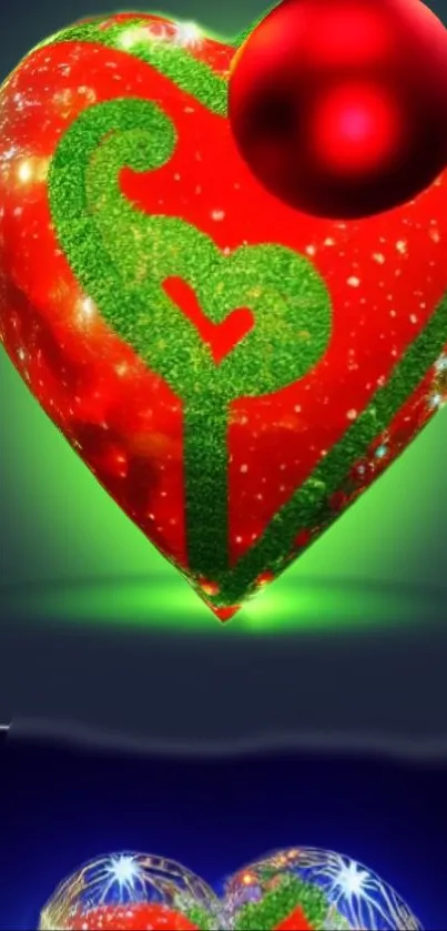 Glowing heart Christmas wallpaper in vibrant red and green hues.