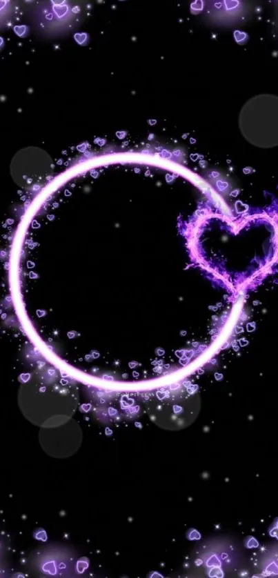 Neon purple heart circle glowing wallpaper with dark background.