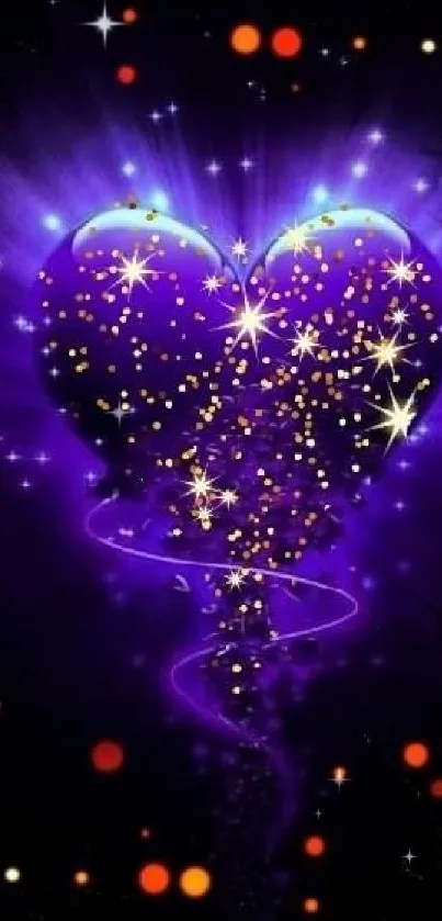 Glowing purple heart wallpaper with cosmic sparkles.