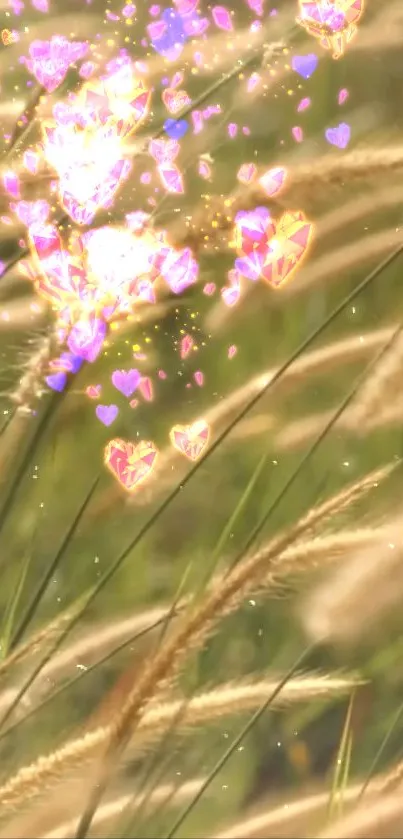 Mobile wallpaper with glowing hearts in a vibrant grassy field.