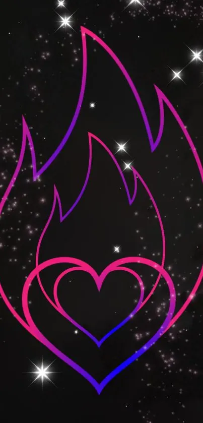 Neon heart flame with stars on black background.