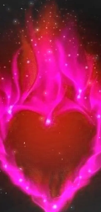 Pink heart-shaped flames with sparkling stars on black background.