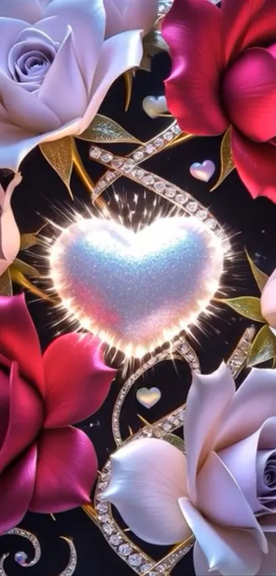 Glowing heart with roses and diamonds on a black background.