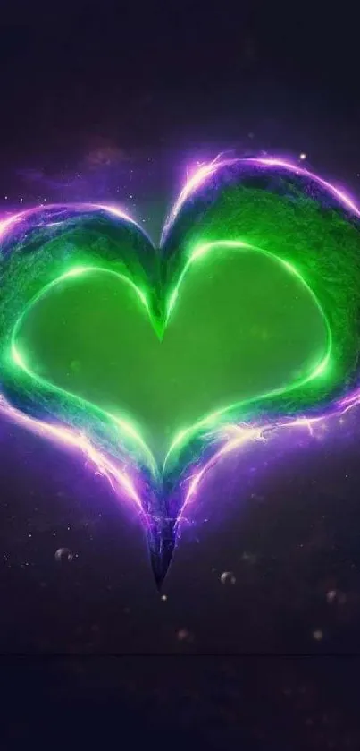 Glowing green heart in galaxy background.