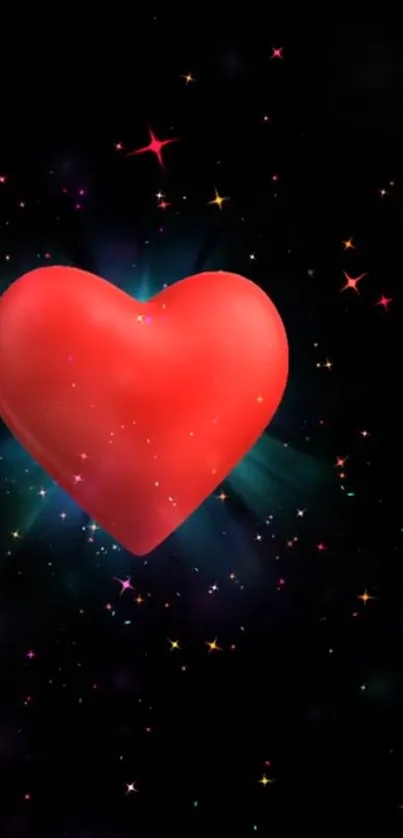 Radiant red heart with glowing stars on a galaxy-inspired wallpaper.