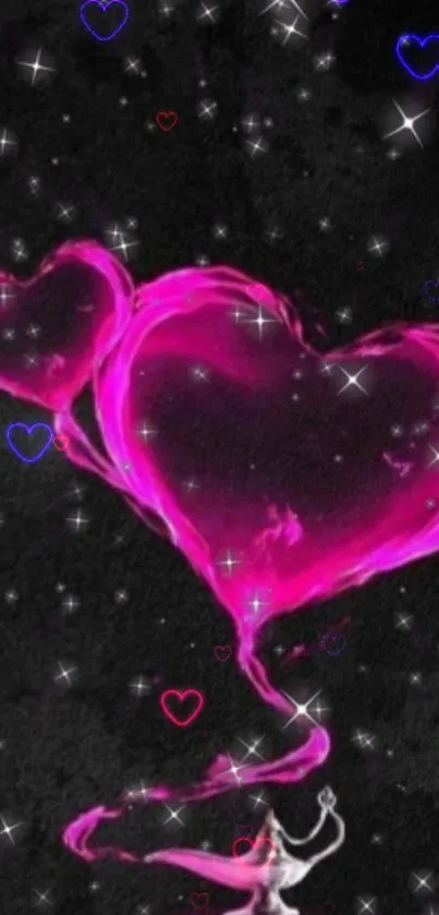 Wallpaper with glowing pink hearts and stars.