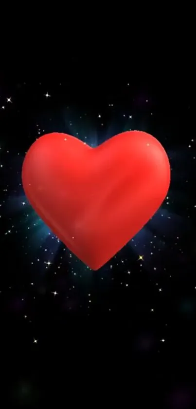 Luminous red heart in a starry cosmic background, perfect for mobile screens.