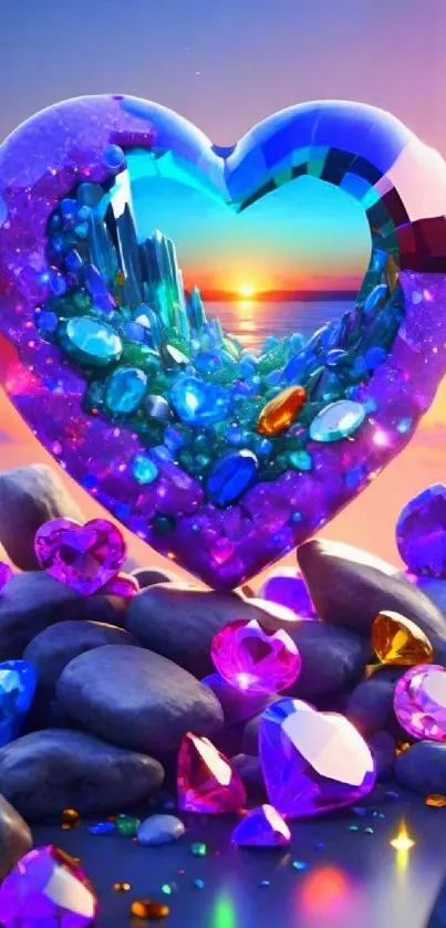 Colorful heart gemstone with vibrant reflection backdrop.