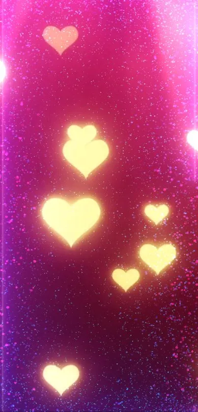 Glowing golden hearts on a vibrant pink glitter background.