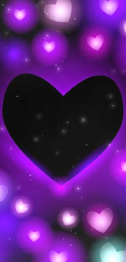 Mobile wallpaper with glowing heart and purple hues.