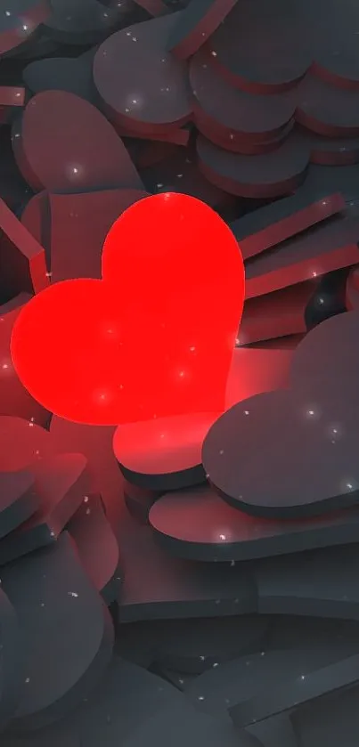 Glowing red heart on a dark background with black hearts.