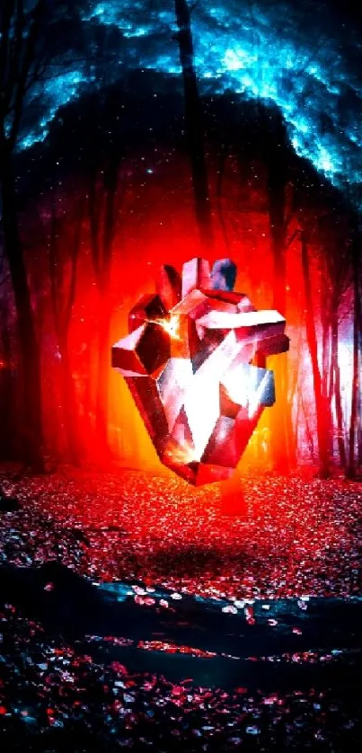 Glowing heart in a mystical forest with vibrant colors.