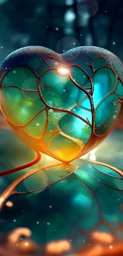 Glowing heart with intricate patterns in an enchanted forest setting.