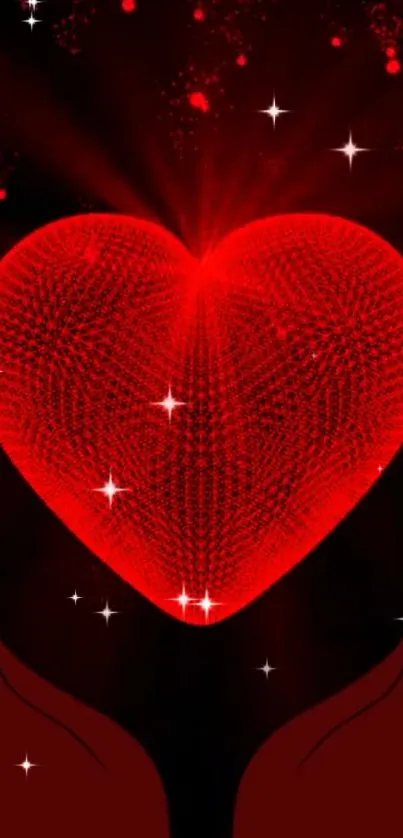 A glowing red heart held by hands in a cosmic background