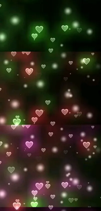 Glowing heart light wallpaper with vibrant green and pink tones against a dark background.