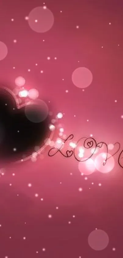 Romantic glowing heart with pink and black design on mobile wallpaper.