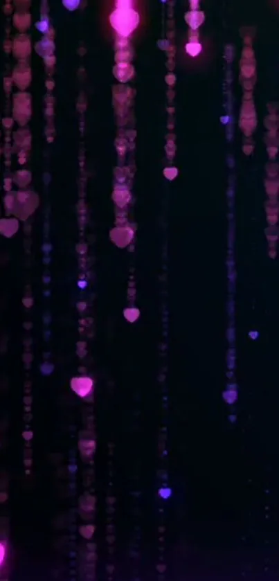 Wallpaper with glowing magenta heart shapes cascading down a dark background.