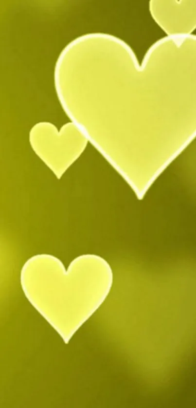 Mobile wallpaper with glowing yellow hearts on olive green background.