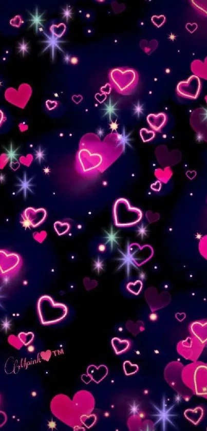 Glowing pink and purple hearts on a dark background.