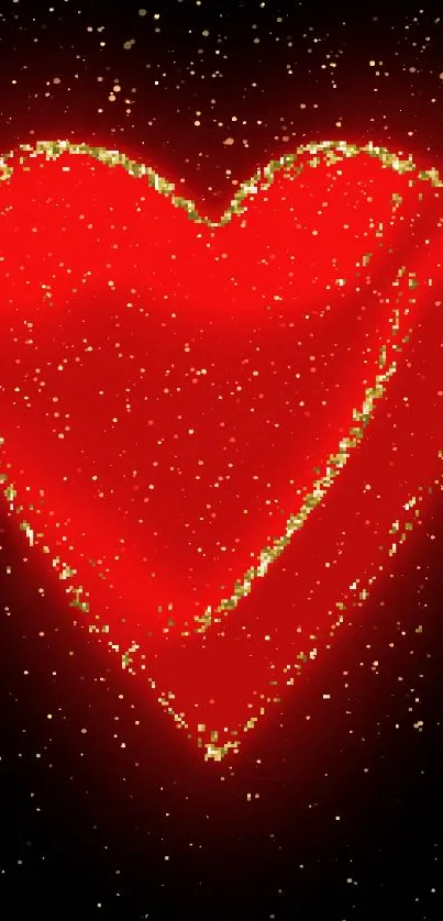 Glowing red heart with golden sparkles on black background.