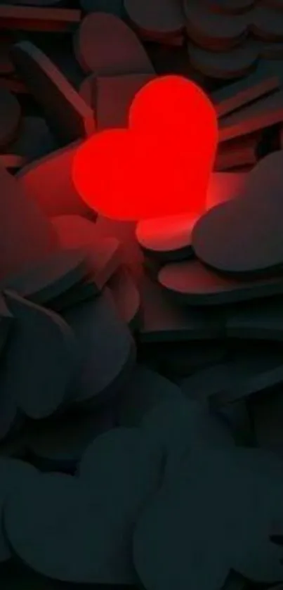 Glowing red heart on dark cloud background.