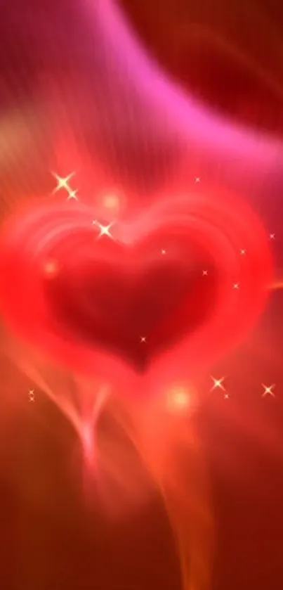 Romantic glowing heart wallpaper with vibrant red and sparkles.