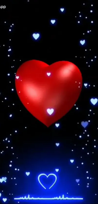 Glowing red heart with blue hearts on a black background.