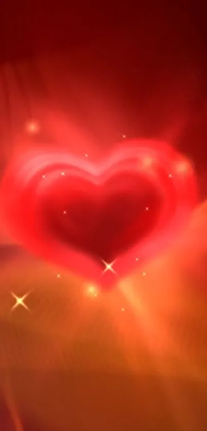 Vibrant red glowing heart wallpaper with sparkles.