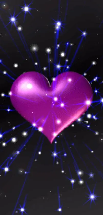 Glowing pink heart with blue stars on black background.