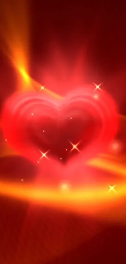 A vibrant red glowing heart on a golden hued background.