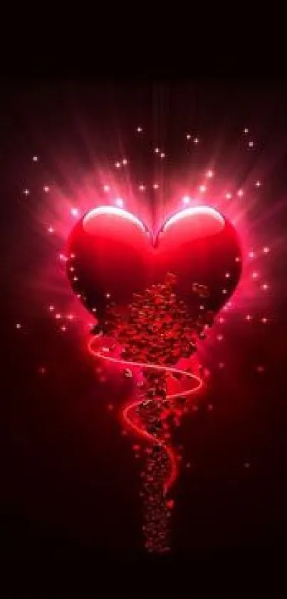 Glowing red heart with sparkles in a dark background