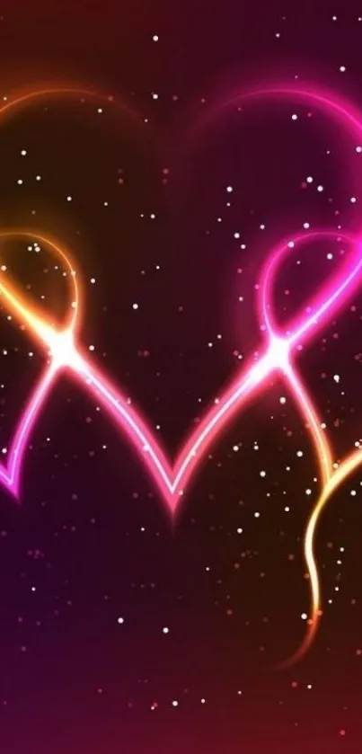 Glowing neon heart on a dark background with stars.