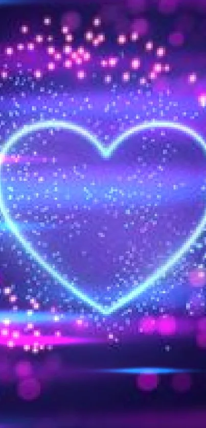 Vibrant neon heart glowing in purple and pink against a dark background.