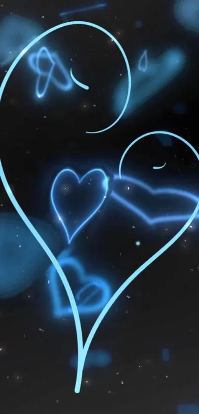 Neon blue glowing heart on dark backdrop with light accents.