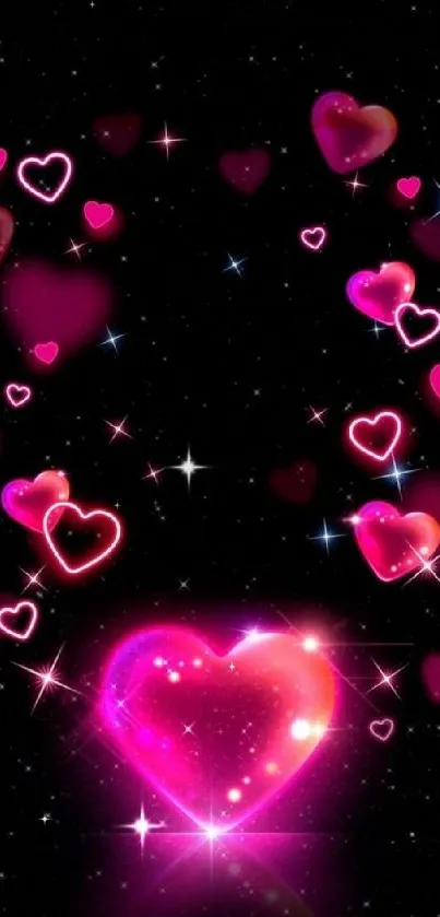 Vibrant pink glowing hearts on a starry night background mobile wallpaper.