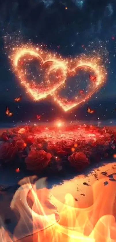 Romantic wallpaper with glowing hearts and red roses under a night sky.