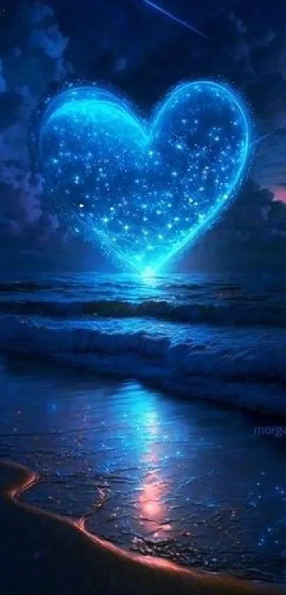 Glowing blue heart above ocean in a fantasy setting.