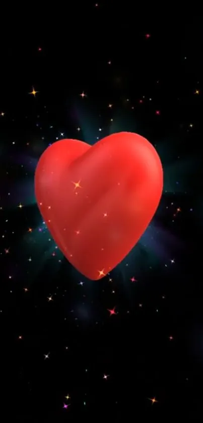 Glowing red heart on a starry black background mobile wallpaper.