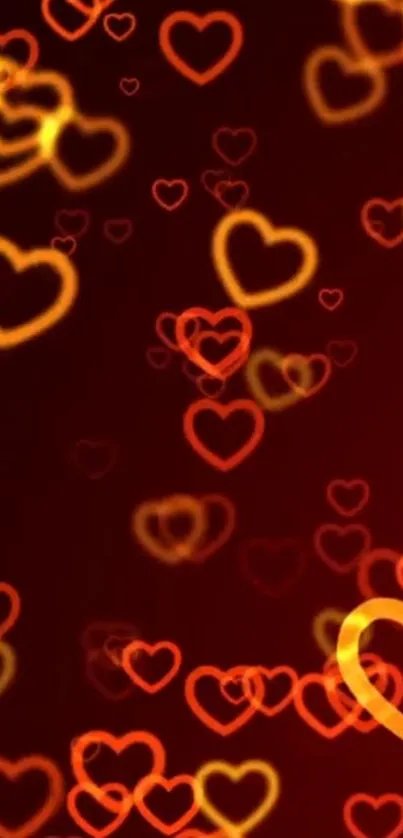 Dark red wallpaper with glowing heart patterns.