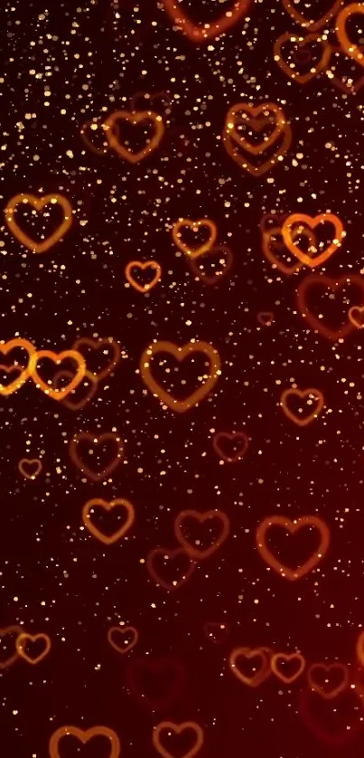 Mobile wallpaper featuring glowing hearts on a dark red background with golden speckles.