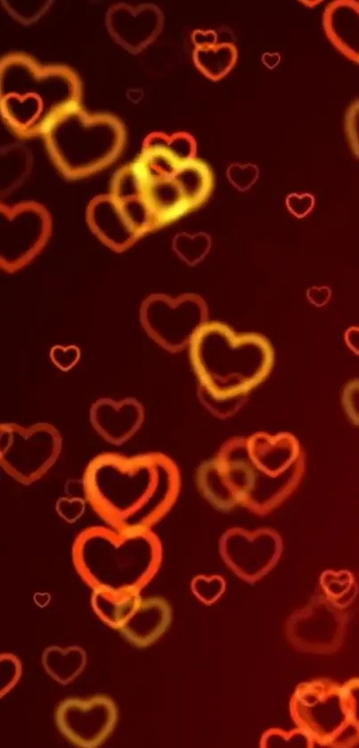 Mobile wallpaper with glowing red hearts on a dark background.