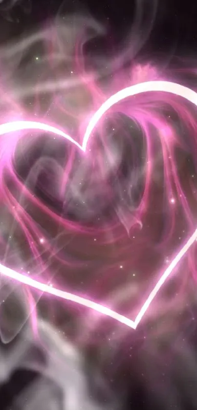 Glowing pink heart with swirling design on dark background.