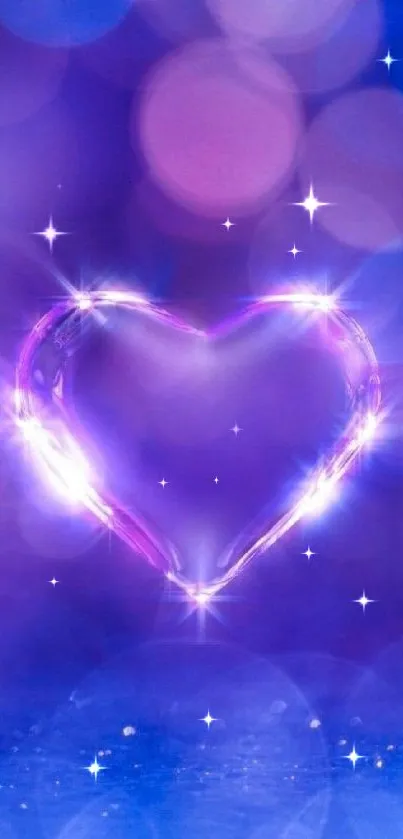 Glowing heart on a purple background wallpaper with shimmering effects.