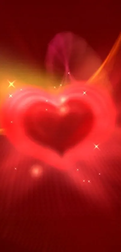 A glowing red heart with sparkles on a dark background.