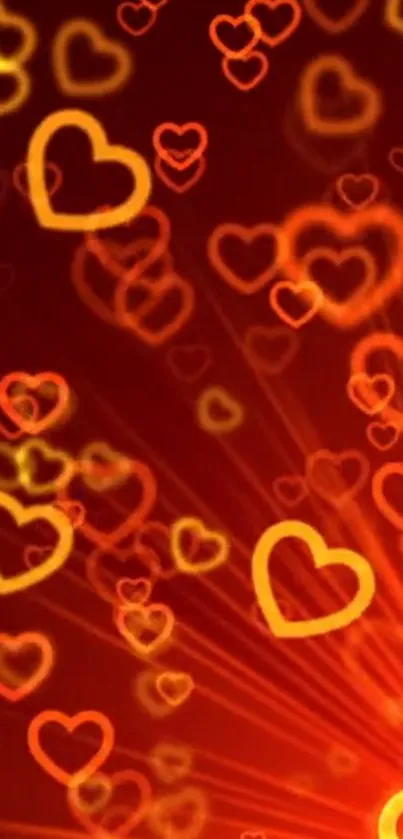 Glowing hearts on a rich red gradient background wallpaper.